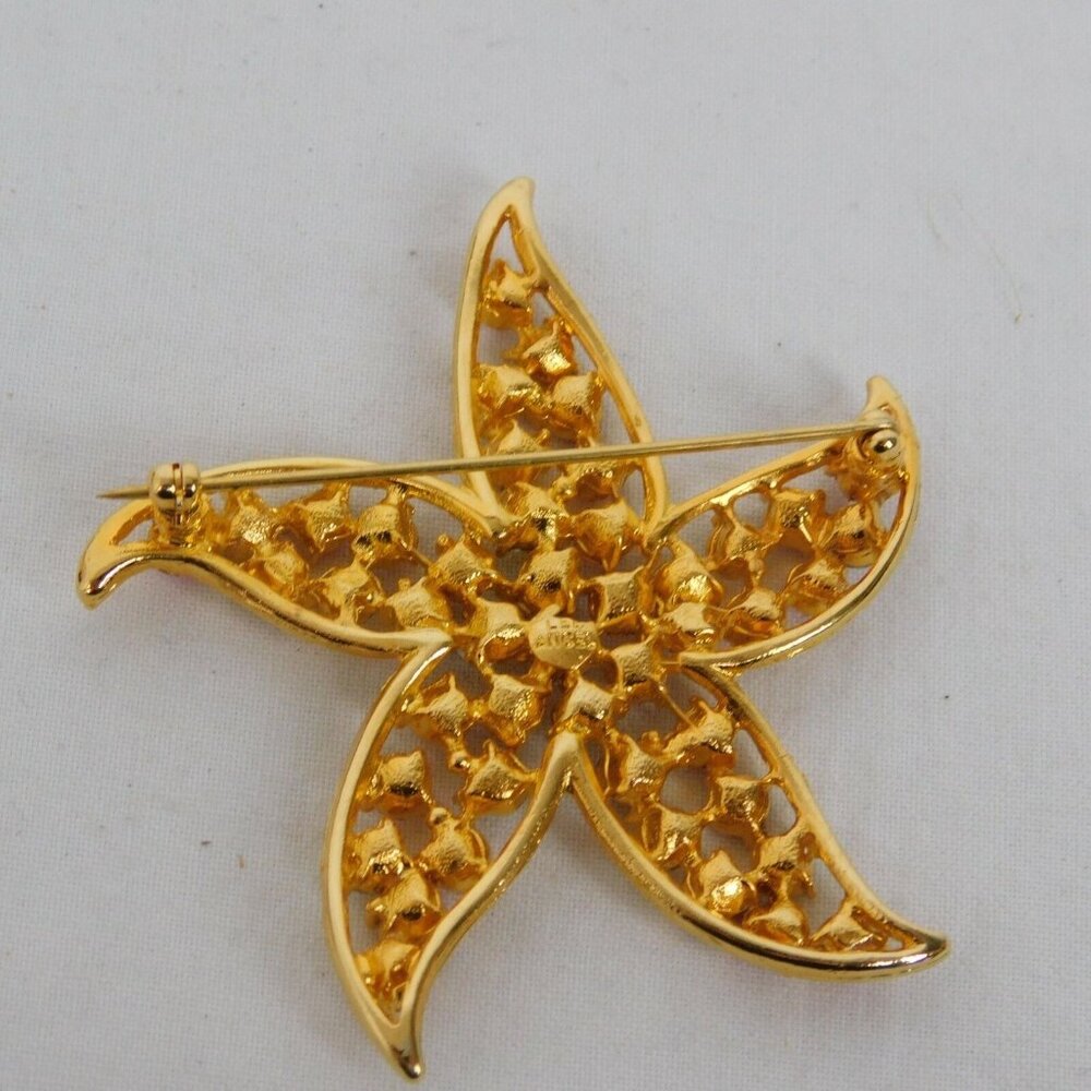 Lee Angel Starfish Pin Brooch Pink Clear Rhinestone Vintage Gold Tone Metal 2.5" - Picture 2 of 6